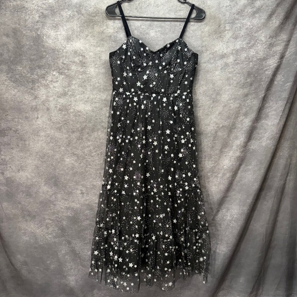 Betsey Johnson Dresses & Skirts - Betsey Johnson Celestial Star Print Mesh Tiered Midi Dress Size 8 Black Silver